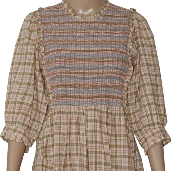 Doen Leda Dress Austin Plaid Printed Smocked Ruffle Mini New S - Picture 3 of 6